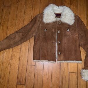 Brown Suede Leather Jacket with White Fur Trim